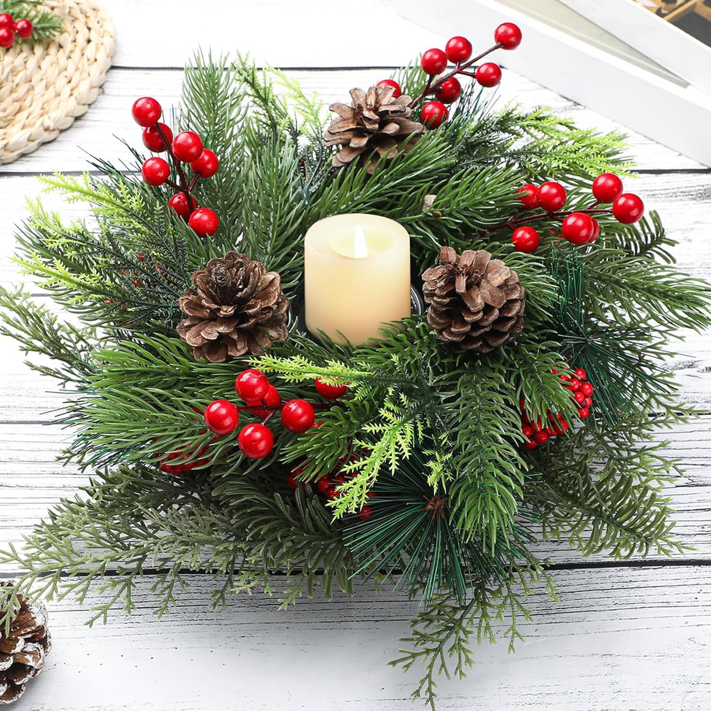 Mumufy Christmas Centerpiece Candle Holder - 12 Inch Mini Tabletop Decoration with Pine Cones & Red Berries