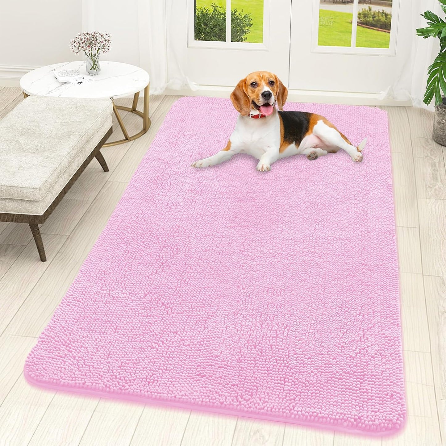 OLANLY Dog Door Mat - Absorbent Non-Slip Washable Doormat for Muddy Paws | Quick Dry Chenille, 59x32, Pink