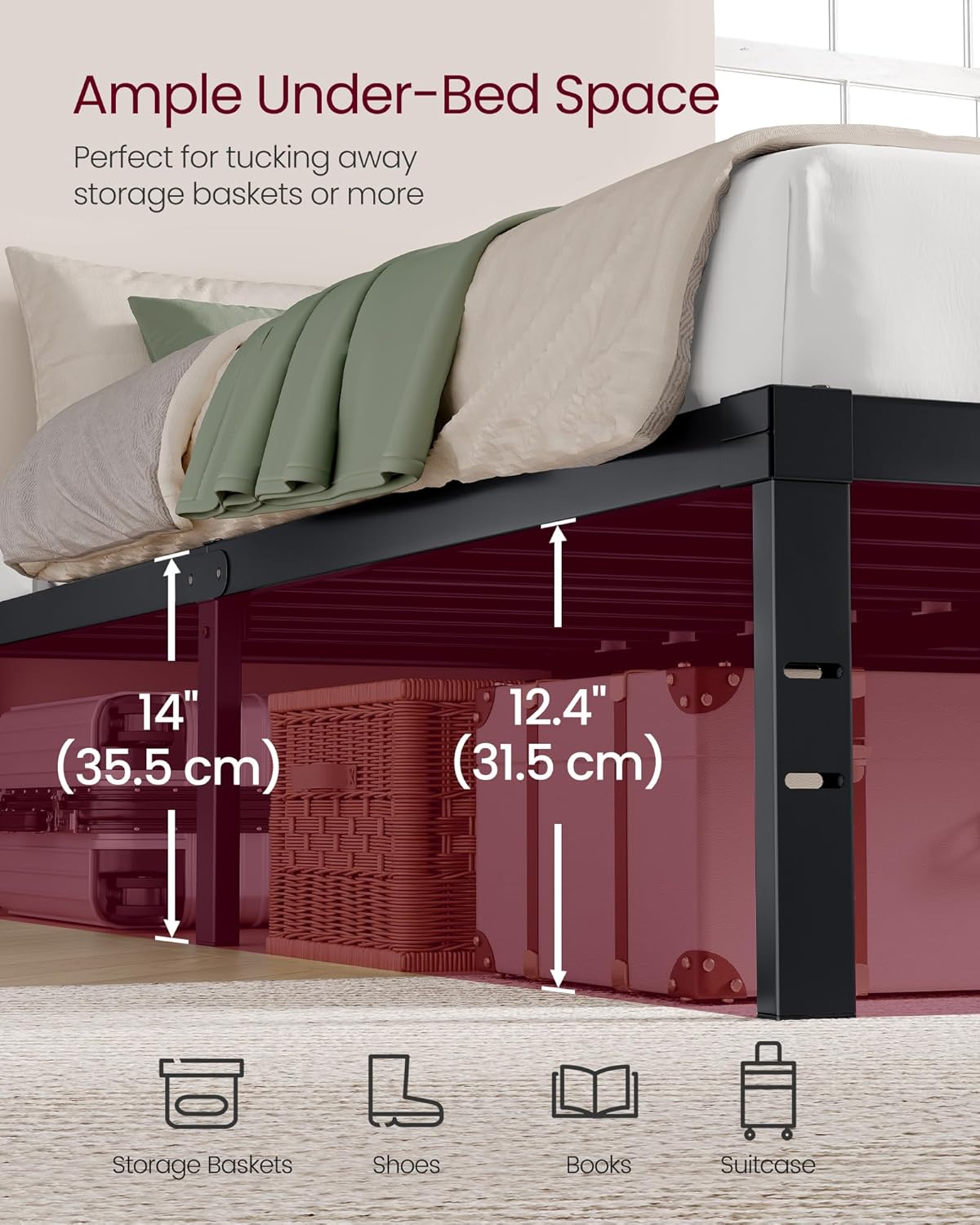 VASAGLE Queen Metal Bed Frame - 14-Inch Height, 1100 lb Capacity, No Box Spring Needed | Under-Bed Storage, Easy Setup, Matte Black