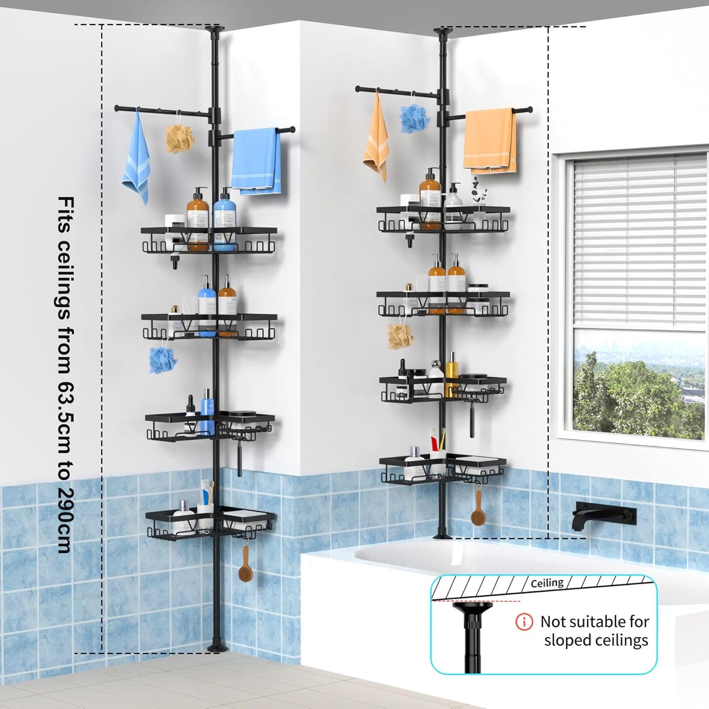 KEGII Adjustable Black Shower Caddy Tension Pole - Rustproof Bathroom Organizer with 2 Towel Bars | 25–114.2 Inch