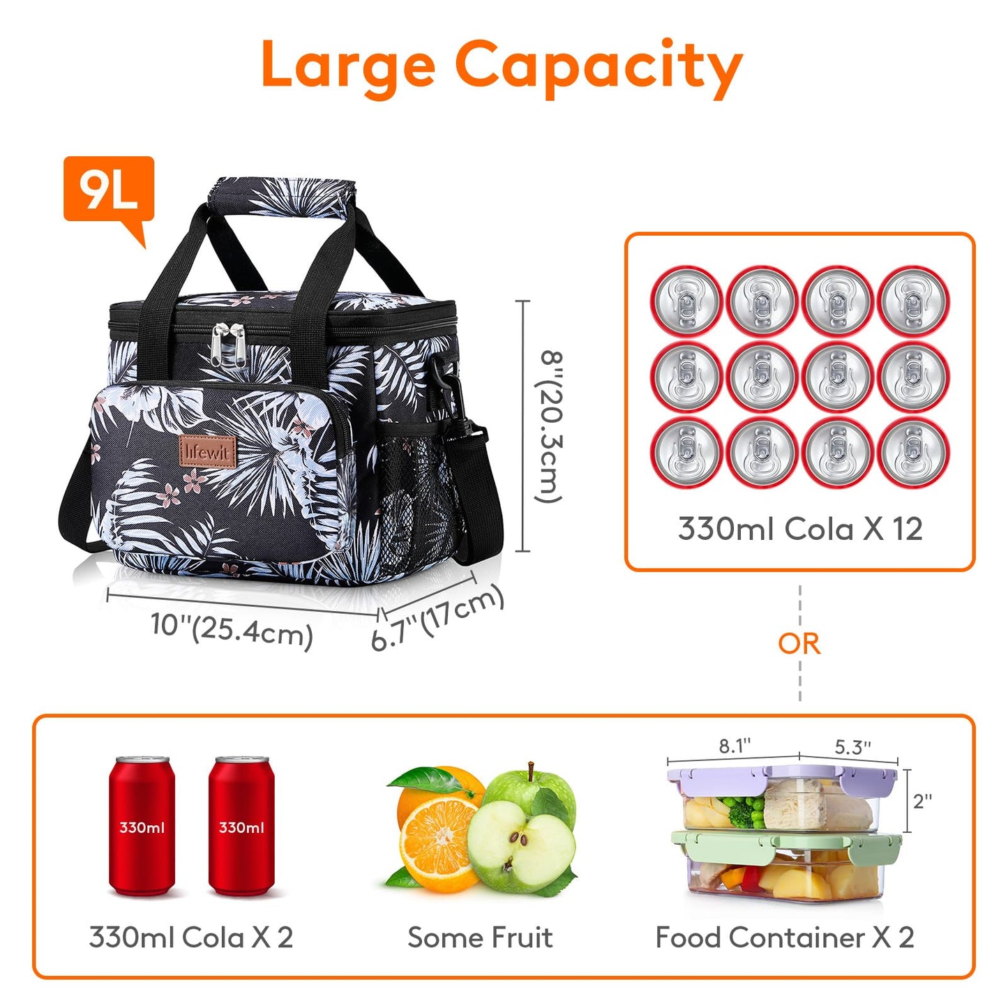 Lifewit Medium Lunch Bag, Insulated Lunch Box, Soft Cooler Cooling Tote for Adult Men Women, Flower 12-Can (9L)