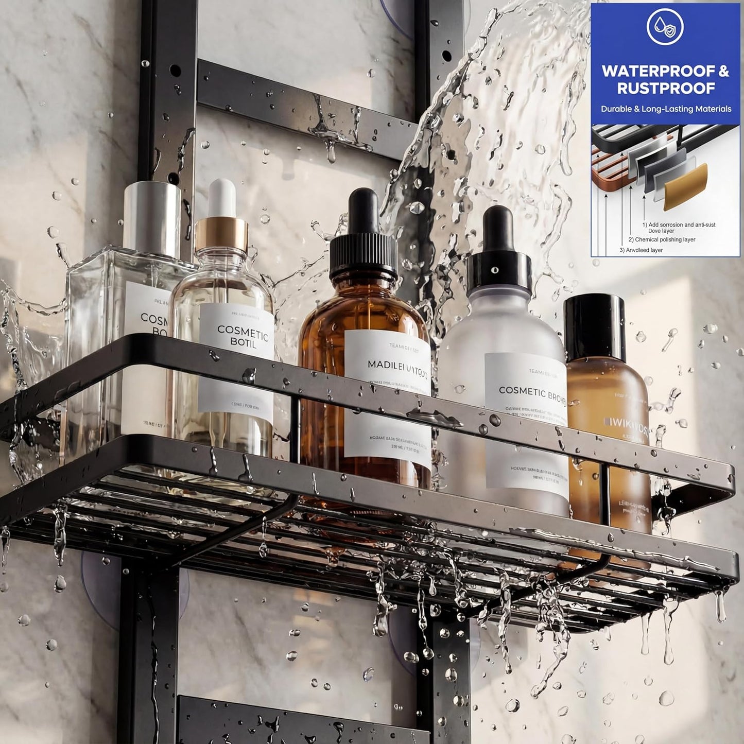 Skiennix Over The Door Shower Caddy - Rustproof 2-Tier Organizer with Waterproof Phone Pouch | Black