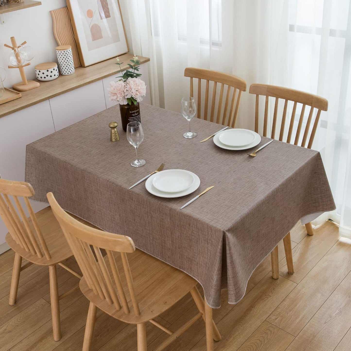 Pioggia Vinyl Tablecloth with Flannel Backing Rectangle Waterproof Oil-Proof Plastic Table Cloth Wipeable PVC Table Cover for Indoor and Outdoor (Linen, 60 x 120 Inch)