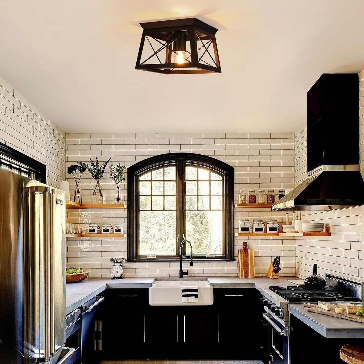 Farmhouse Flush Mount Ceiling Light Oak White Ceiling Light Fixtures 2-Light Industrial Vintage Metal-Framed Ceiling Lighting for Hallway Foyer Kitchen Dining Room Bedroom Living Room Laundry