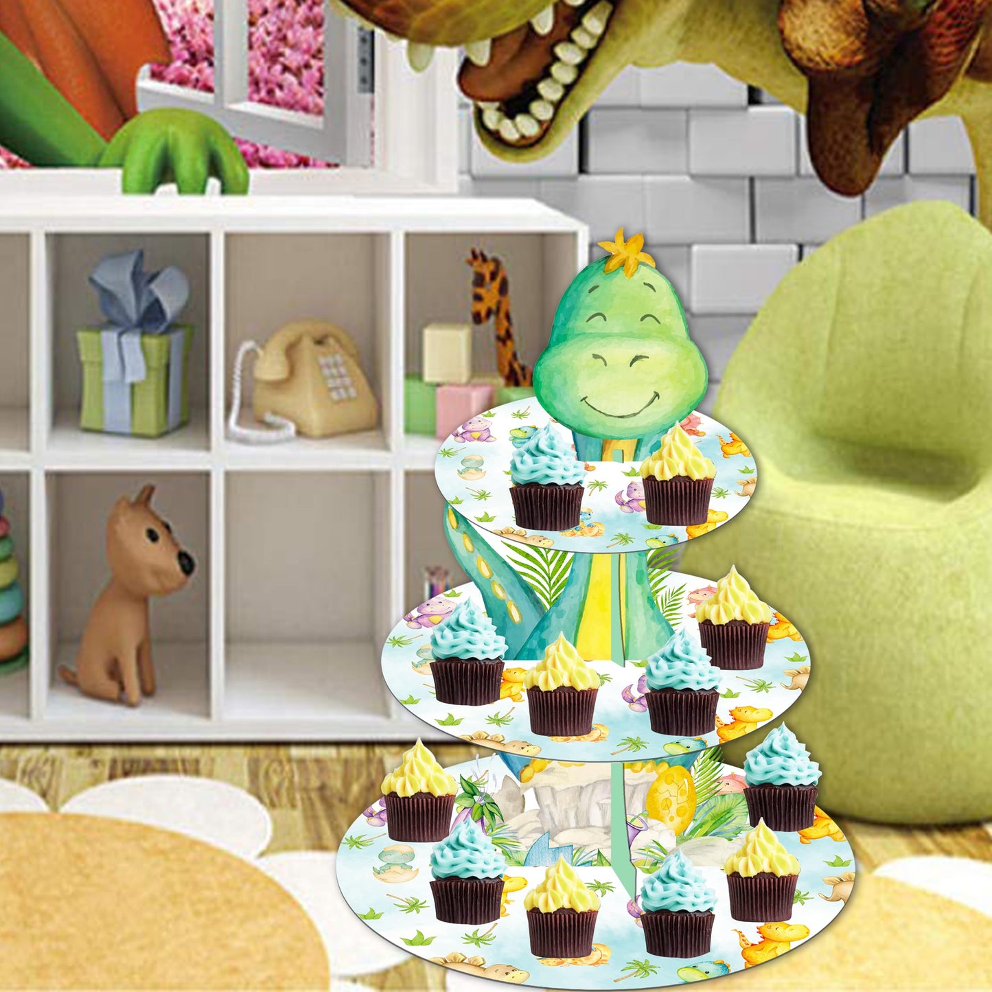 Dinosaur Cupcake Stand 3-Tier Cake Cupcake Holder Dinosaur Baby Shower Decoration for Dino Roar Theme Birthday Party Baby Shower Supplies