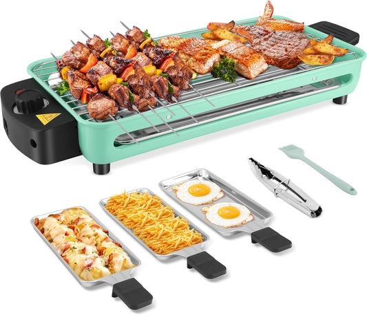 Electric Indoor Grill, 1500W Portable 2 in 1 Indoor Raclette Table Grill Korean BBQ Grill with Grill Net & Non-Stick Cooking Removable Plate, Adjustable Temperature Control, Dishwasher Safe