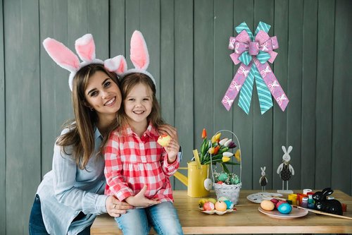 Hying Easter Bunny Bows - Glitter Pink & Blue Burlap Wreath Bows for Spring Decor | Holiday Tree Topper
