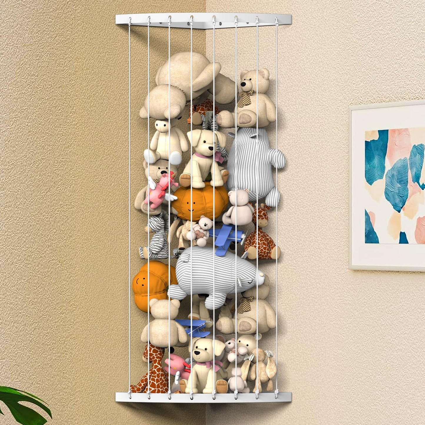 Ebeneze Corner Stuffed Animal Storage Organizer, Toy Stuffed Animals Hammock Net Adjustable Length, Spave Save for Hanging Wall Plush Toy Holder, Toy Storage Shelf for Playroom Bedroom, White