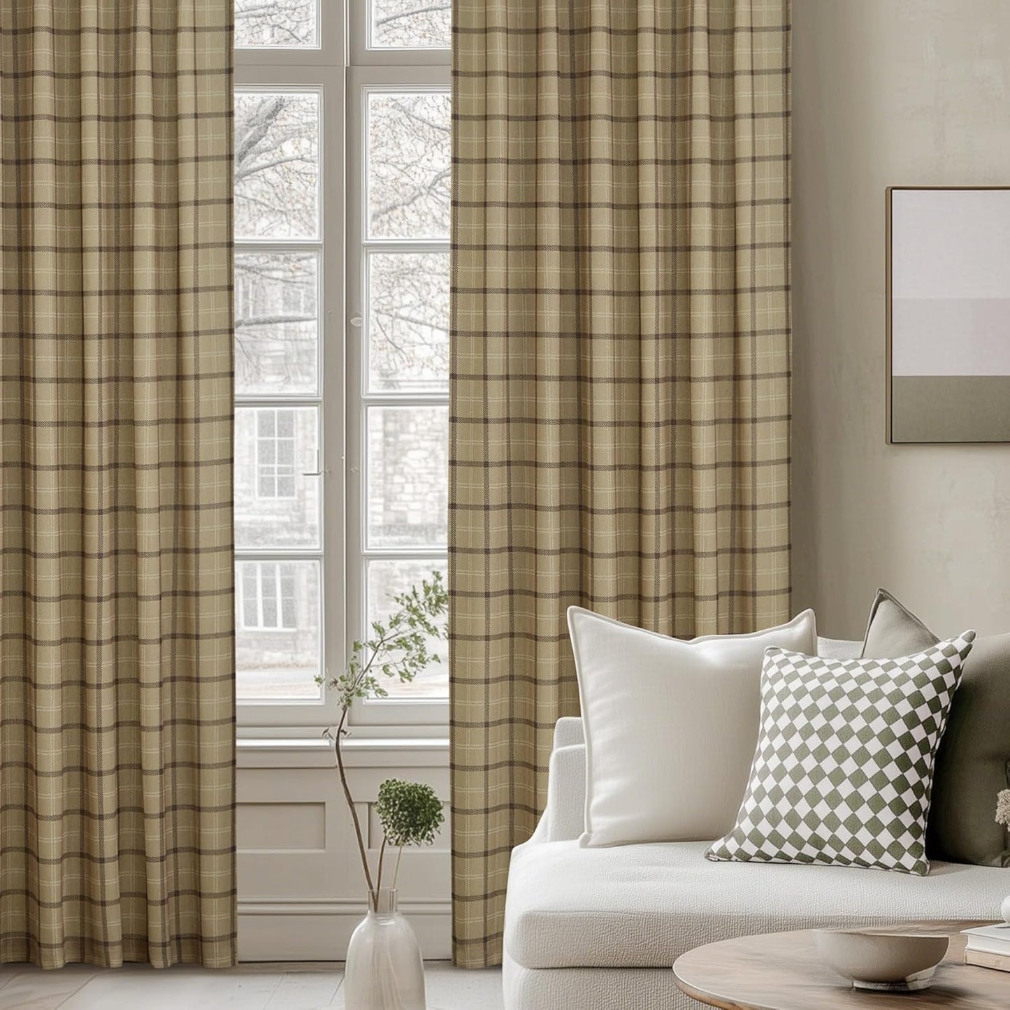 NICETOWN Linen Plaid Patterned Curtains - 84-Inch Light Filtering Privacy Shade | Semi-Sheer, 1 Pair, 52W x 84L