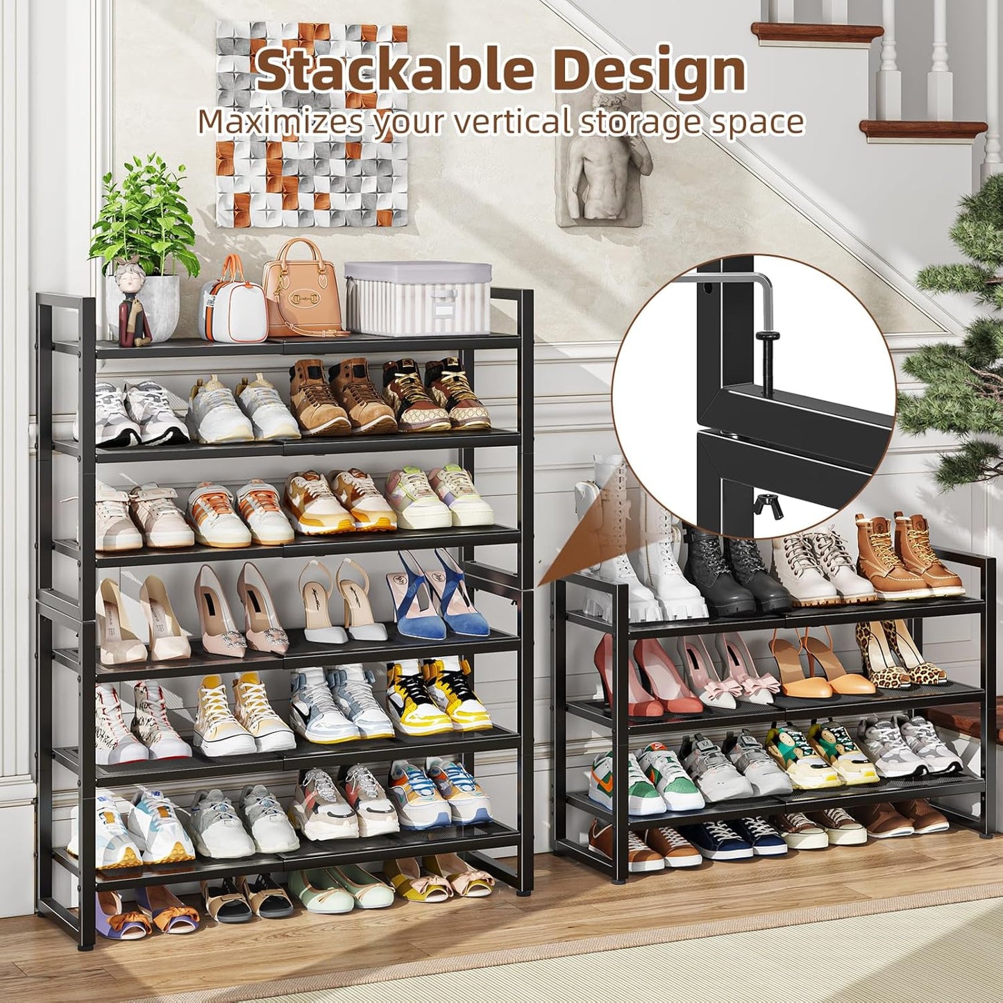 Simple Trending 3-Tier Expandable Shoe Rack - Adjustable Metal Mesh Organizer for Closet & Entryway, Black