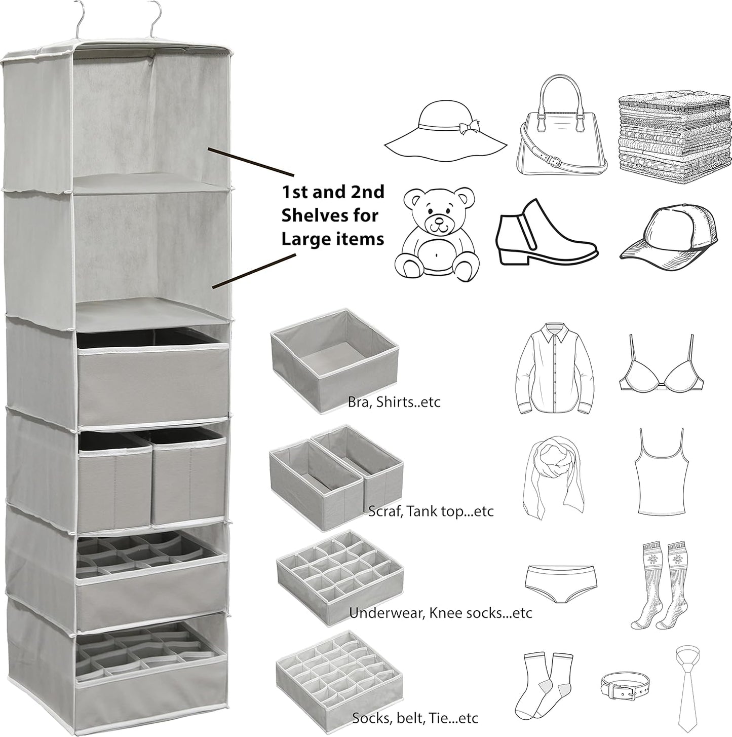 Simple Houseware 6-Shelf Closet Organizer - Gray Hanging Storage with 5 Drawers