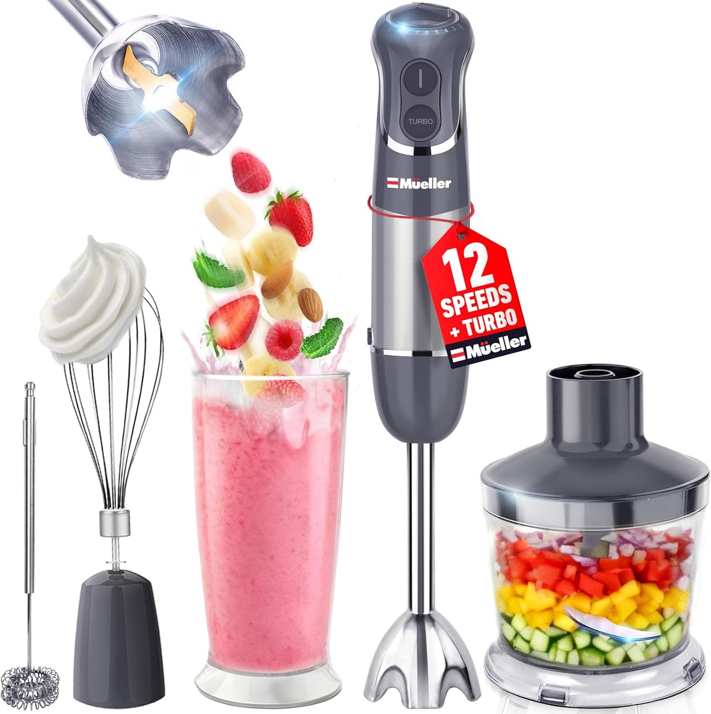 Mueller Multistick 5-in-1 Immersion Blender - 12-Speed Hand Mixer with Turbo Boost & Titanium Blades - Grey