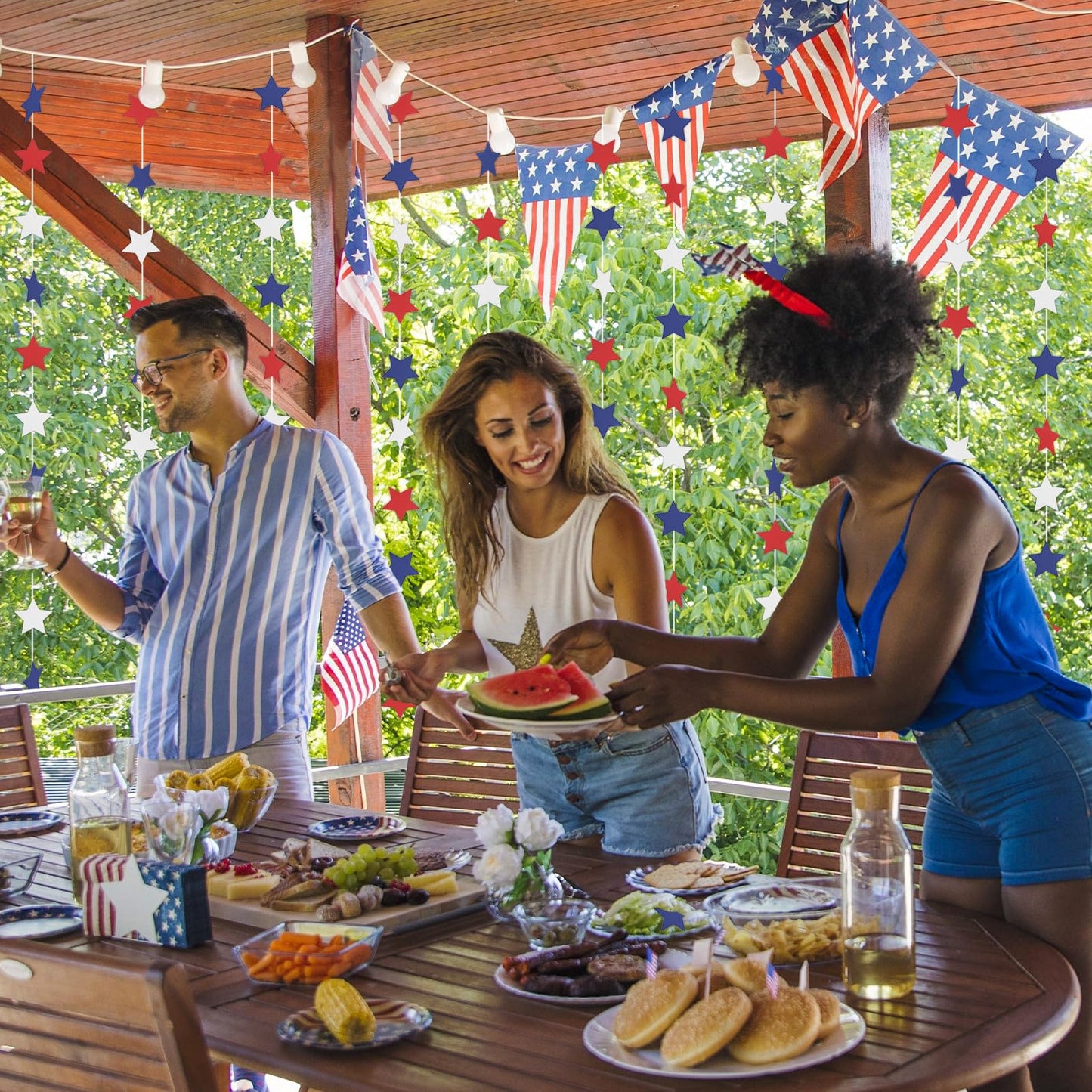 Patriotic Star Garland Banner Streamers Red White and Blue - 59 FT 6 Strands - Patriotic Decorations for 4th of July, Independence Day, Labor Day, Veterans Day, Memorial Day