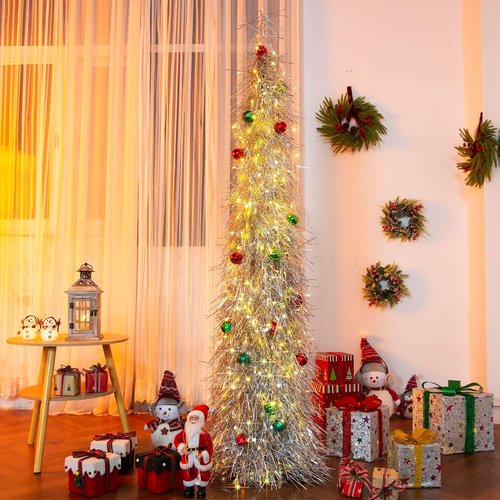BrilliantJo 6ft Artificial Christmas Tree - Lighted & Ornamented | Collapsible Tinsel Design for Holiday Decor
