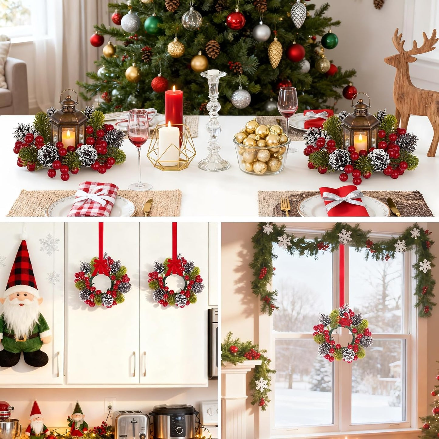 Regine Switzerland Christmas Candle Ring Set - 6 Pcs with Pine Cones, Red Berries & Green Leaves for Pillar Candle Holders | Festive Table Centerpiece Decor