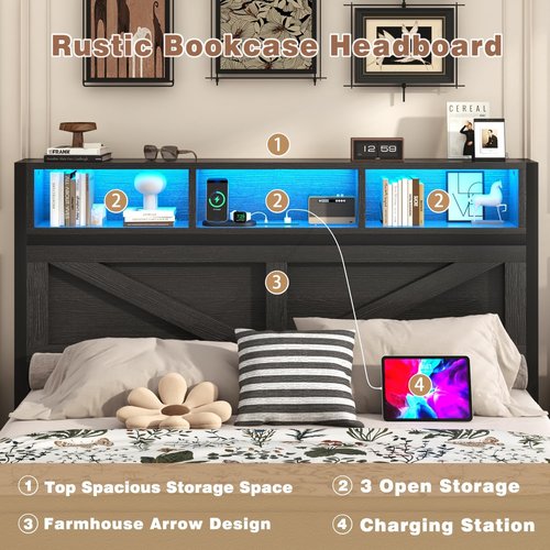 Incyneva Queen Bed Frame - Farmhouse Style with Bookcase Headboard, Charging Station & LED Light - Black