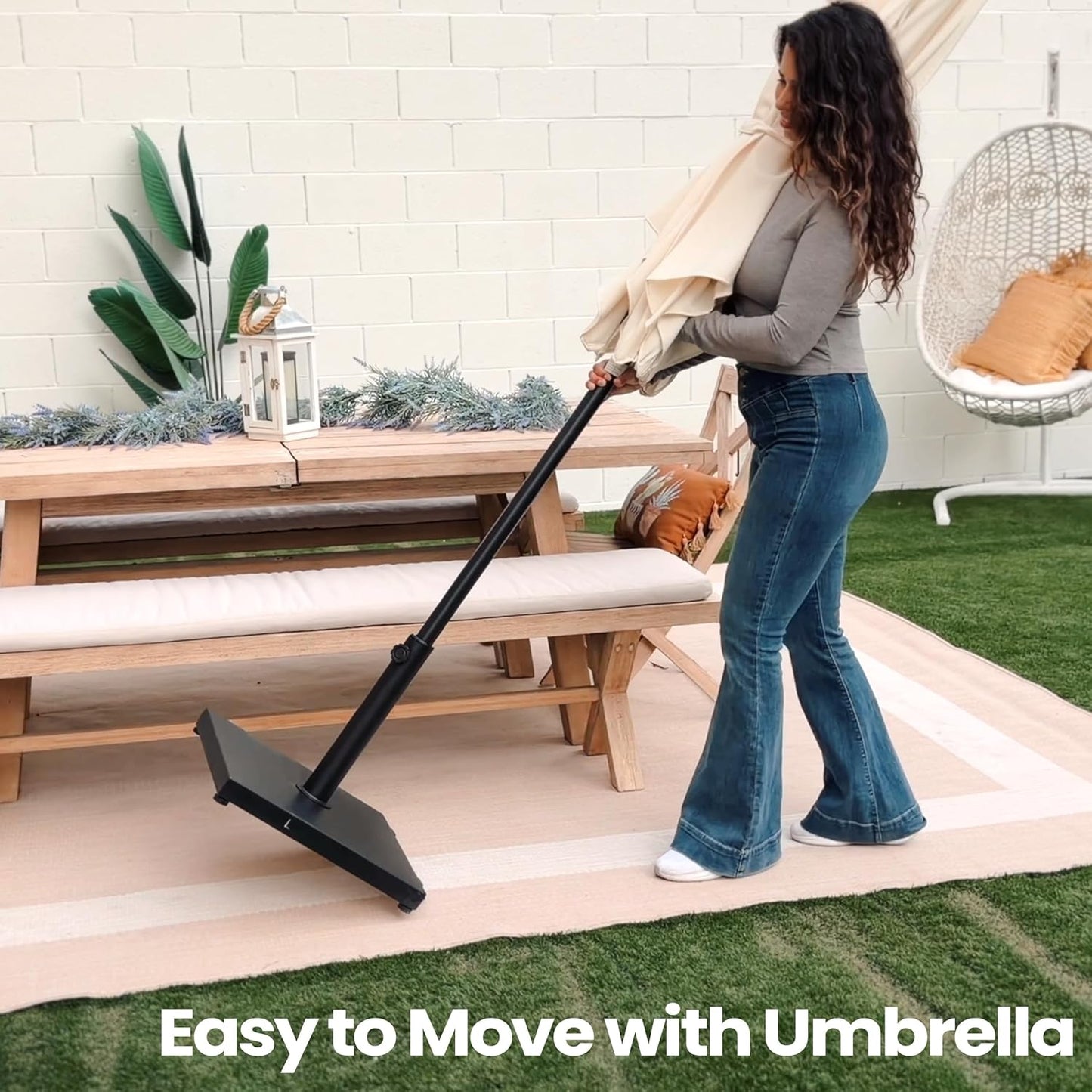 Patio Umbrella Base - 43lbs Heavy-Duty Concrete Stand with Wheels | Black Square Outdoor Umbrella Holder