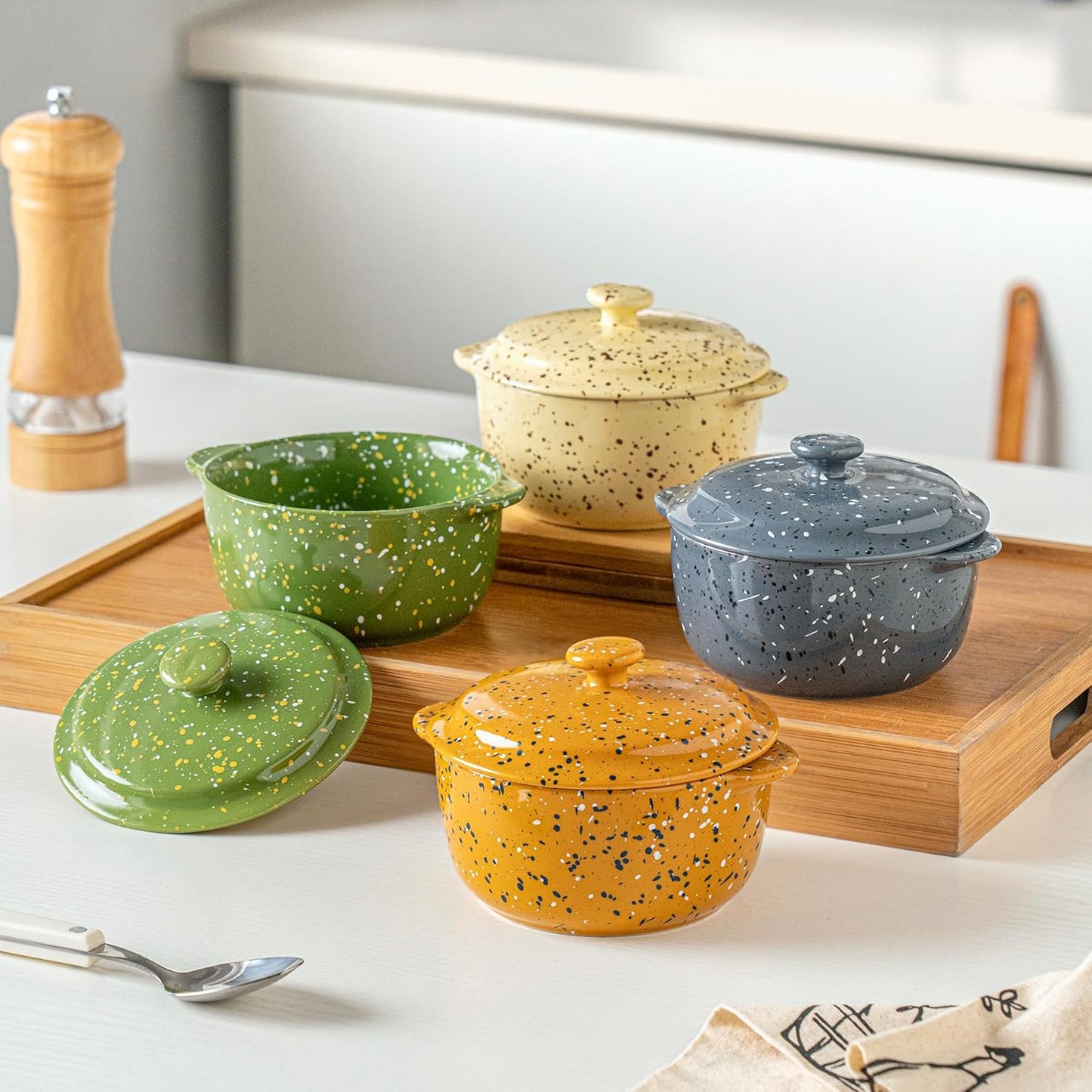 Skiennix Mini Ceramic Casserole Dishes - Oven-Safe 10 Oz Ramekins with Lids & Handles | Perfect for Soufflé, Soup, Cobbler, Green 4-Pack