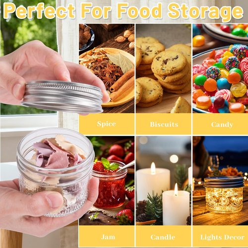 4 oz Glass Mason Jars with 18/8 Stainless Steel Lids, 8-Pack Small Canning Jars with Embossed Pattern, Mini Glass jars for Jams, Jelly, Honey, Spices, Desserts, Wedding Favors and Gift Packaging