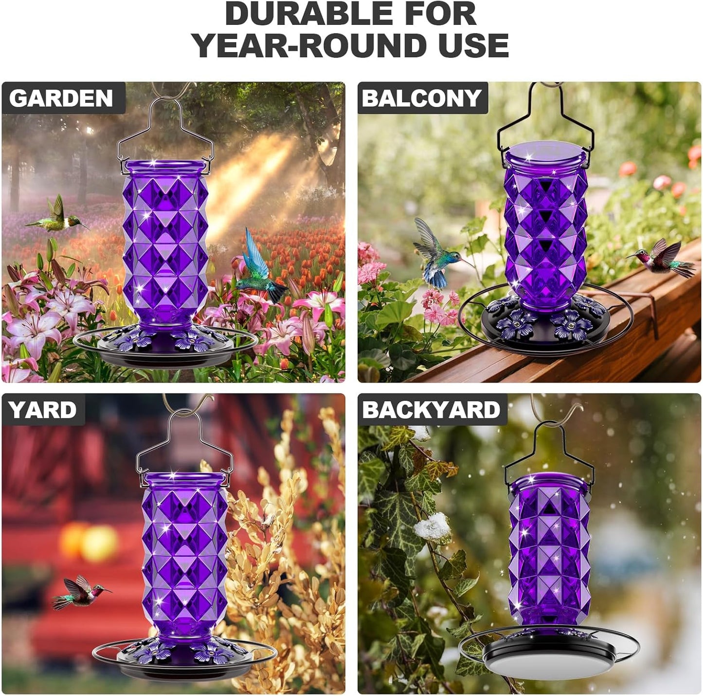 Skiennix Glass Hummingbird Feeder - 25 Ounce Leak-Proof Outdoor Nectar Feeder with 5 Flower Ports | Purple Garden Decor