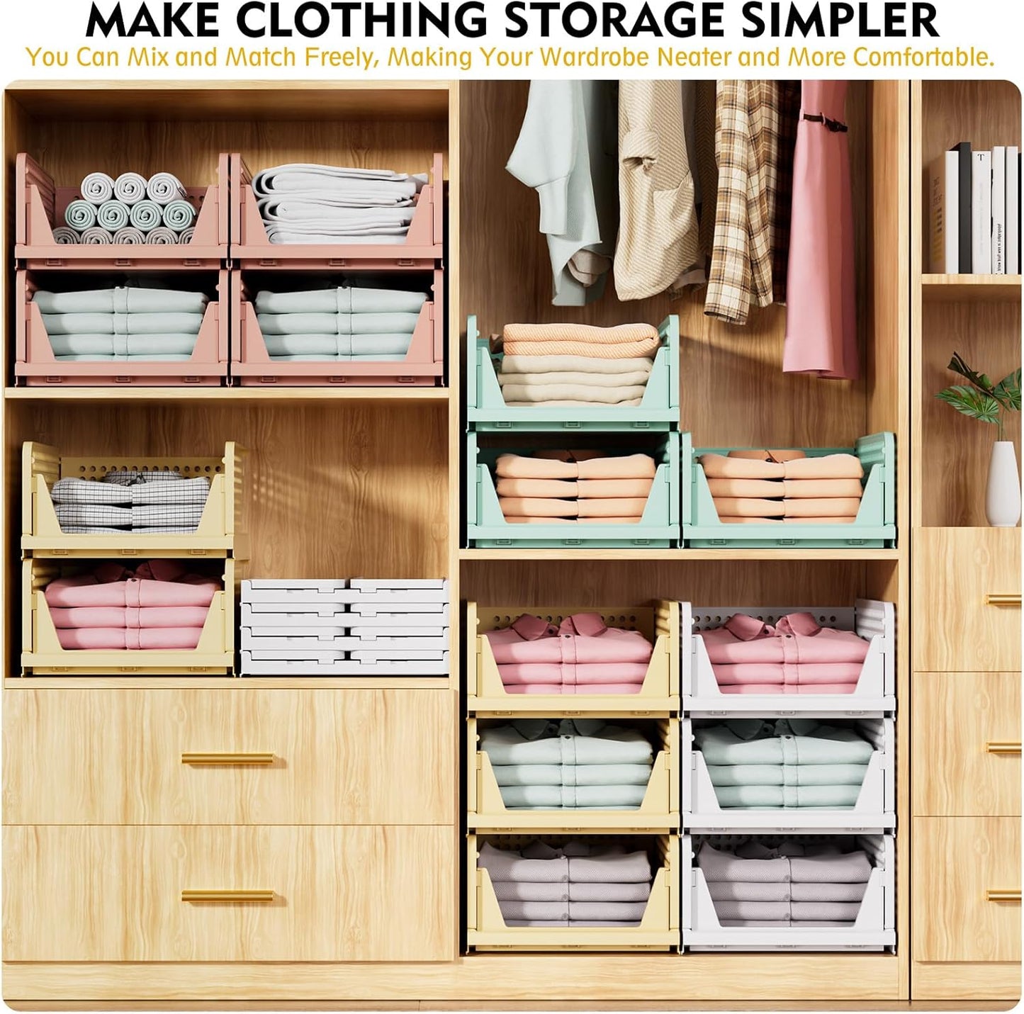 SNSLXH Stackable Closet Organizer Box - Multifunctional Foldable Storage Basket for Bathroom & Laundry - Green, 5 Pack