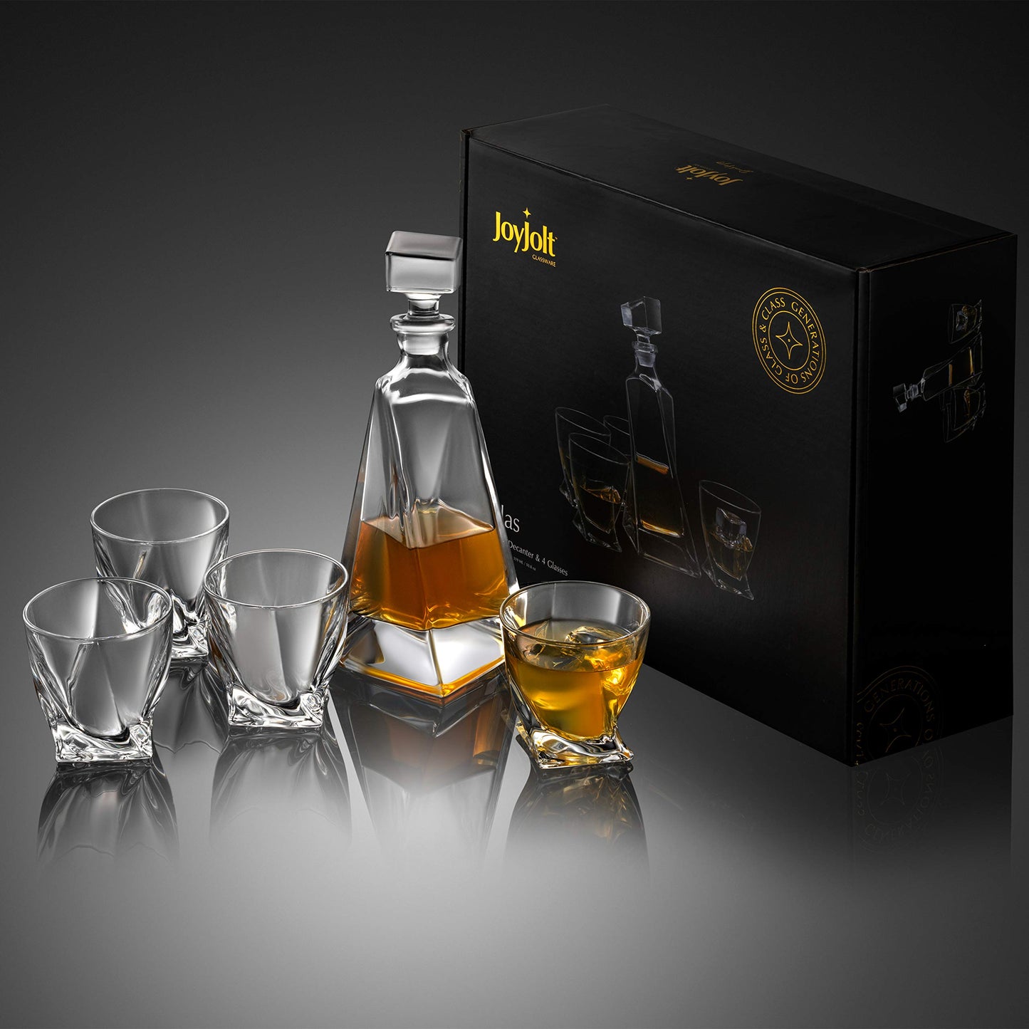 JoyJolt Atlas 5-Piece Luxury Crystal Whiskey Decanter Set, 22 oz Decanter & 4 x 10.8 oz Old Fashioned Whiskey Glasses