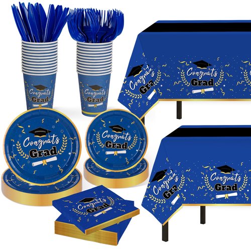 Graduation Decorations Class of 2026 Graduation Party Decorations,147 PCS Disposable Congrats Grad Tableware,Blue and Black Tablecloth Knives Fork Plates Napkin Cups for School,College,Party,Serve 24