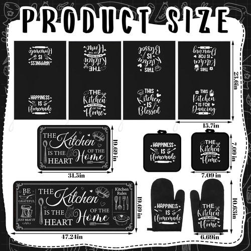 Fourluoo 10 Pcs Farmhouse Kitchen Decor and Accessories Set 4 Kitchen Towels 2 Pot Holders 2 Oven Mitts 2 Rugs for Cooking Baking Mom Housewarming Gifts(Black,Classic Style)