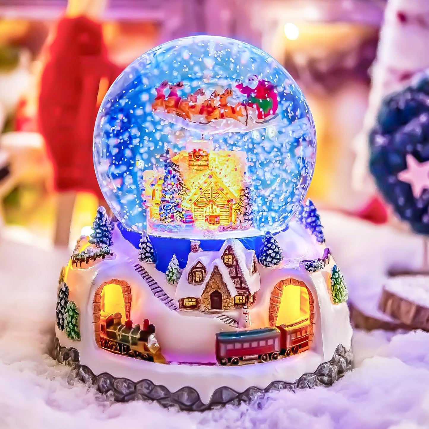 Skiennix Musical Snow Globe | Rotating Santa Claus with Train & Snowfall | 48 Classic Christmas Carols