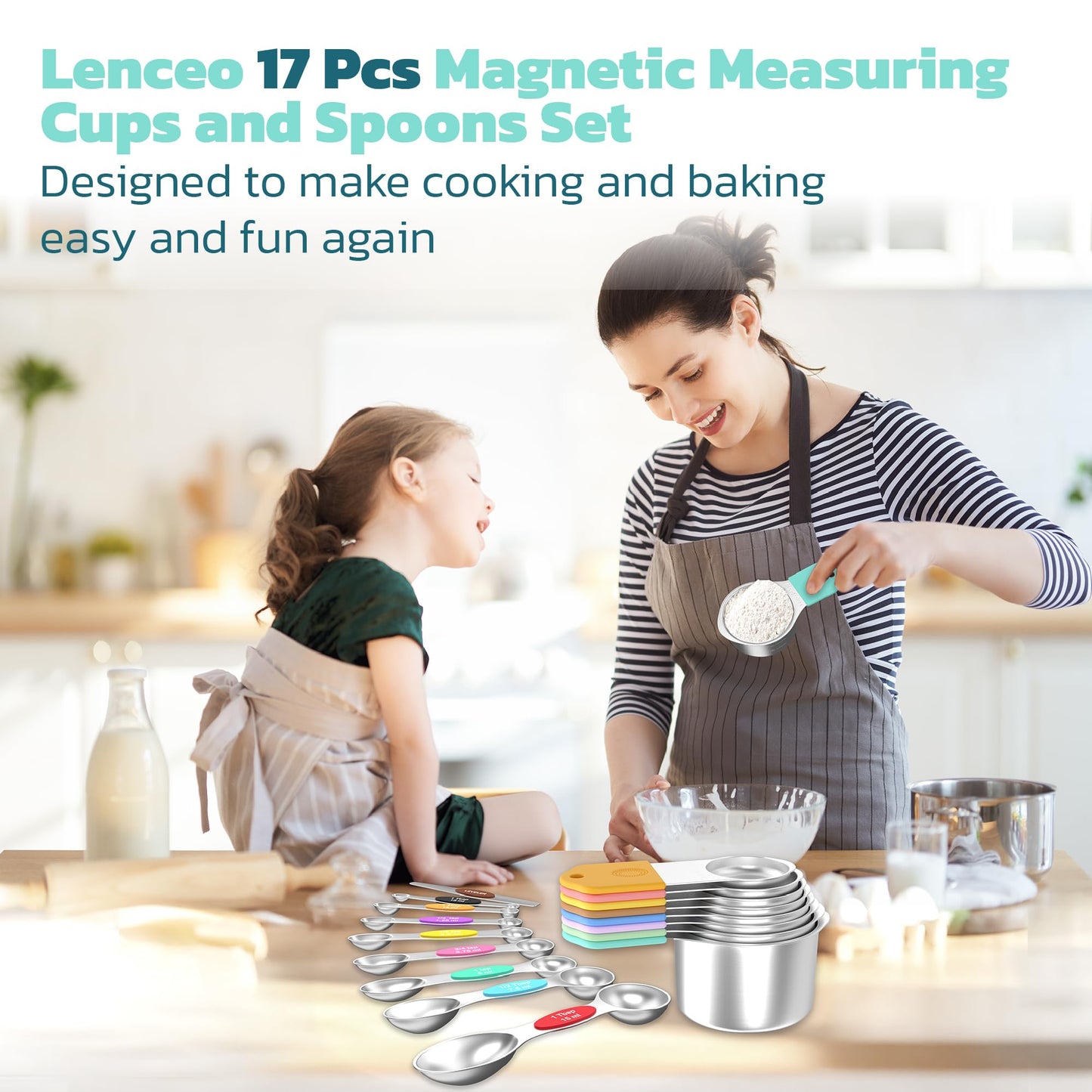 Magnetic Measuring Cups and Spoons Set of 17 - Stackable Stainless Steel Magnetic Measuring Spoons Set with Leveler - Dual Marking Scale Measuring Cup for Dry and Liquid Ingredients, Baking & Cooking