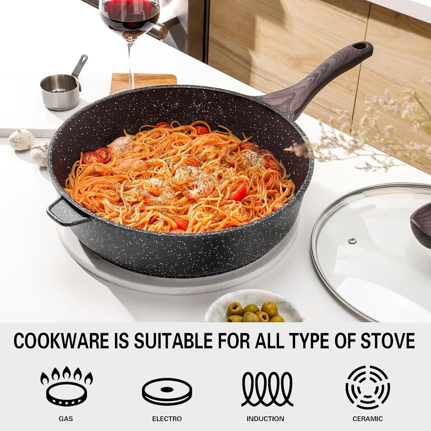 Kordisen Nonstick Deep Frying Pan - 12 Inch Large Skillet with Lid | 5 Qt Healthy Induction Cookware, PFOA Free
