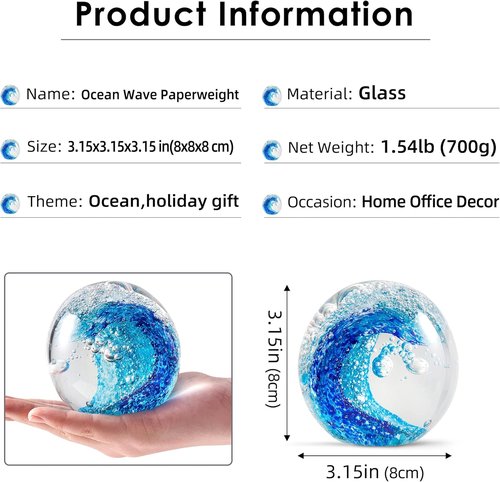 EUSTUMA Hand Blown Glass Figurine - Ocean Waves Paperweight | Unique Home & Office Decor