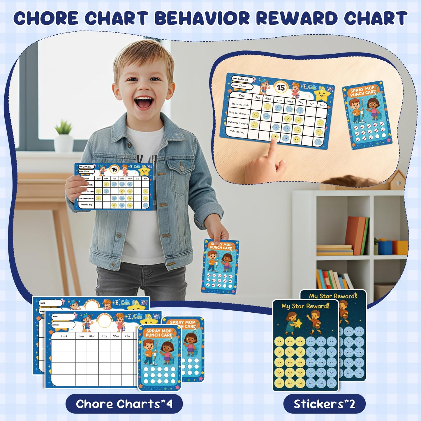 Kids Spray Mop - Chores Chart Set Montessori Cleaning Toy Set with Real Water Sprayer 2PCS Washable Pads and 10PCS Disposable Mop Pads for Ages 3-8 (Blue)
