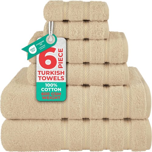 American Soft Linen Luxury 6-Piece Towel Set - 100% Cotton Turkish Towels in Beige | 600 GSM Quality