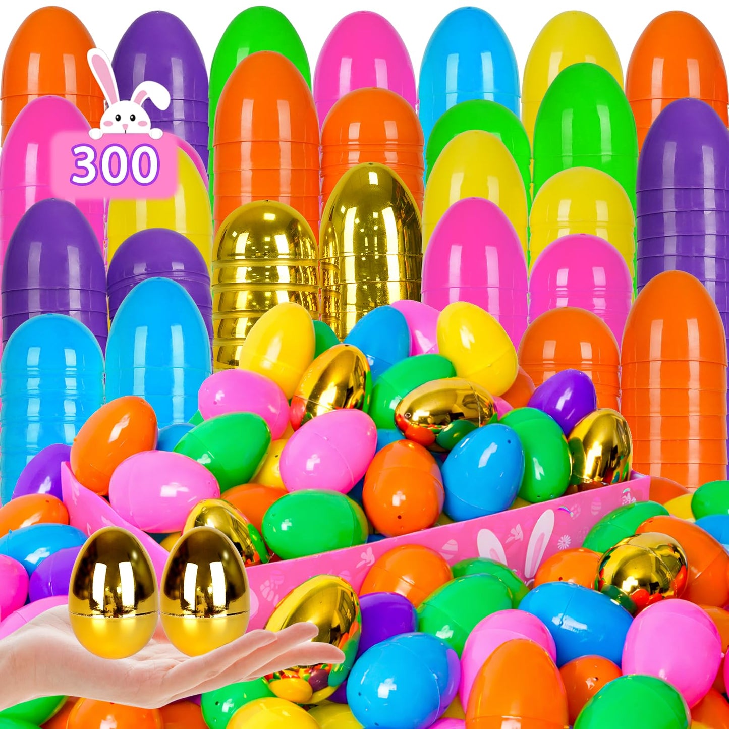 PIONJOY [6 Golden Eggs] 300 PCS 2.4" Fillable Plastic Easter Eggs Empty Easter Eggs Colorful Plastic Eggs Bulks for Kids Teens Boys Girls Easter Basket Stuffers Hunt Easter Party Favor