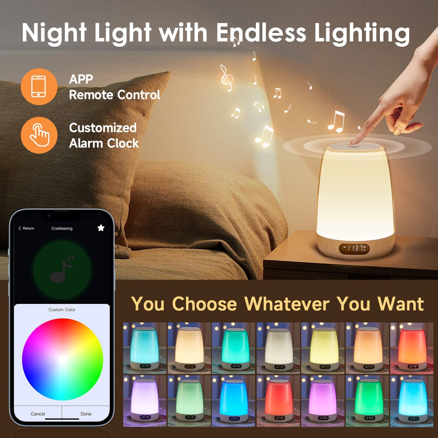 One Fire Sound Machine Baby Night Light for Kids, Bluetooth & 14 White Noise Kids Night Light, 48 RGB Colors Smart APP/Touch Night Light for Baby Nursery Night Light,Wake Up Alarm Clock for Kids Gifts