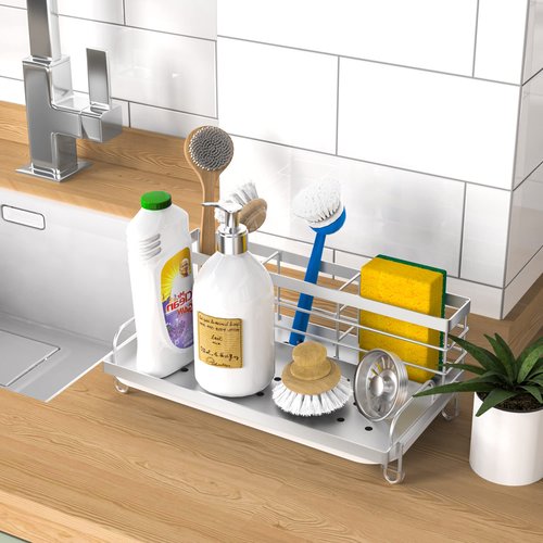 Cisily Kitchen Sink Caddy Organizer, Rustproof Non-Slip Soap Dish Dispenser Brush, Sponge Holder, Silver