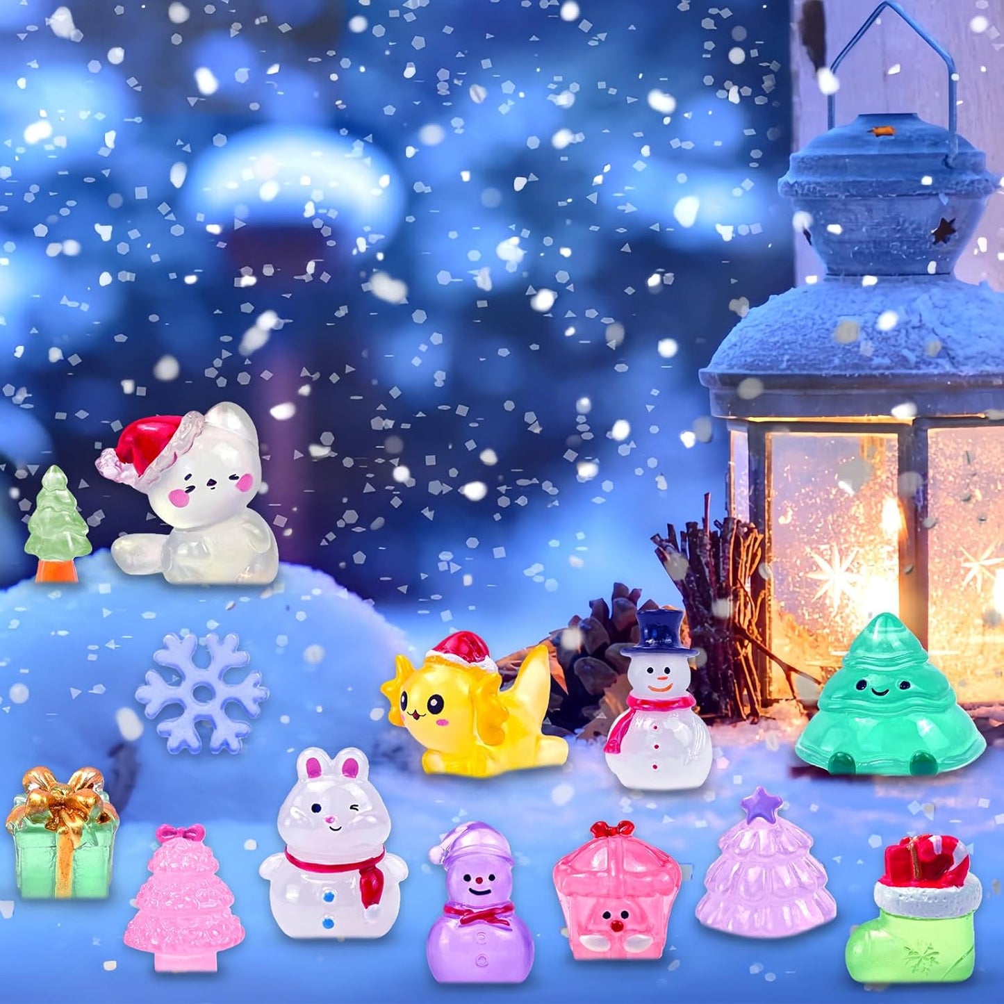 Skiennix 52 Pcs Luminous Mini Christmas Figurines - Glow in The Dark Resin Snowman Set for Holiday Decor