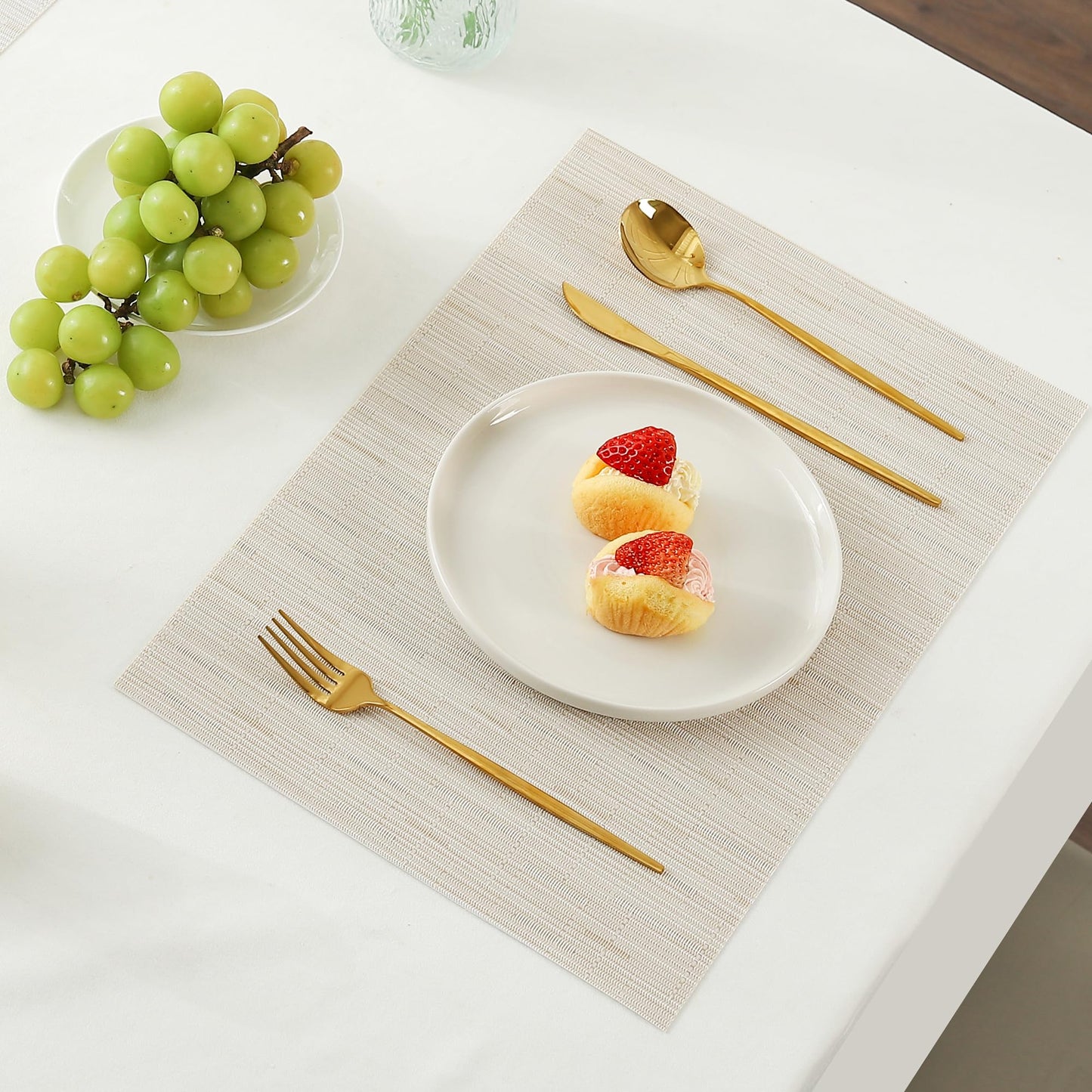 Leetaltree Pale Beige Placemats Set of 12 - Heat Resistant Non-Slip Place mats for Dining Table, Washable Durable PVC Vinyl Woven Table Mats（Pale Beige, 12）