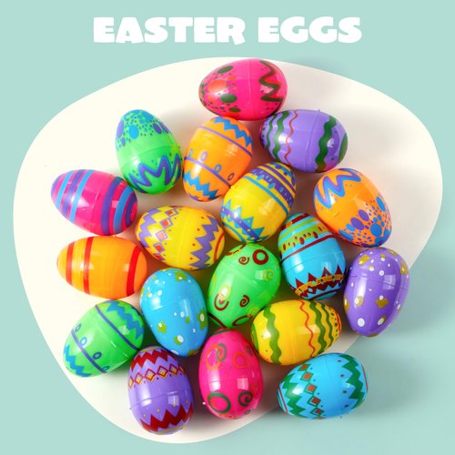 JOYIN 18PCS 3.15" Printed Easter Eggs, Empty Fillable Colorful Plastic Eggs Bulks for Easter Hunt, Basket Stuffers Filler, Classroom Prize Supplies