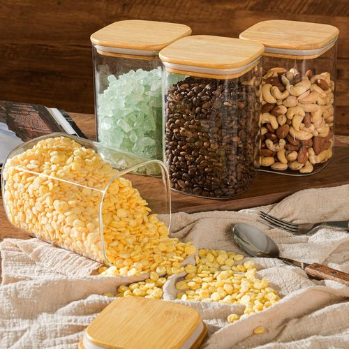 D2scrma Airtight Glass Storage Canisters - Set of 4 Square Jars with Bamboo Lids | 37oz for Pantry Organization