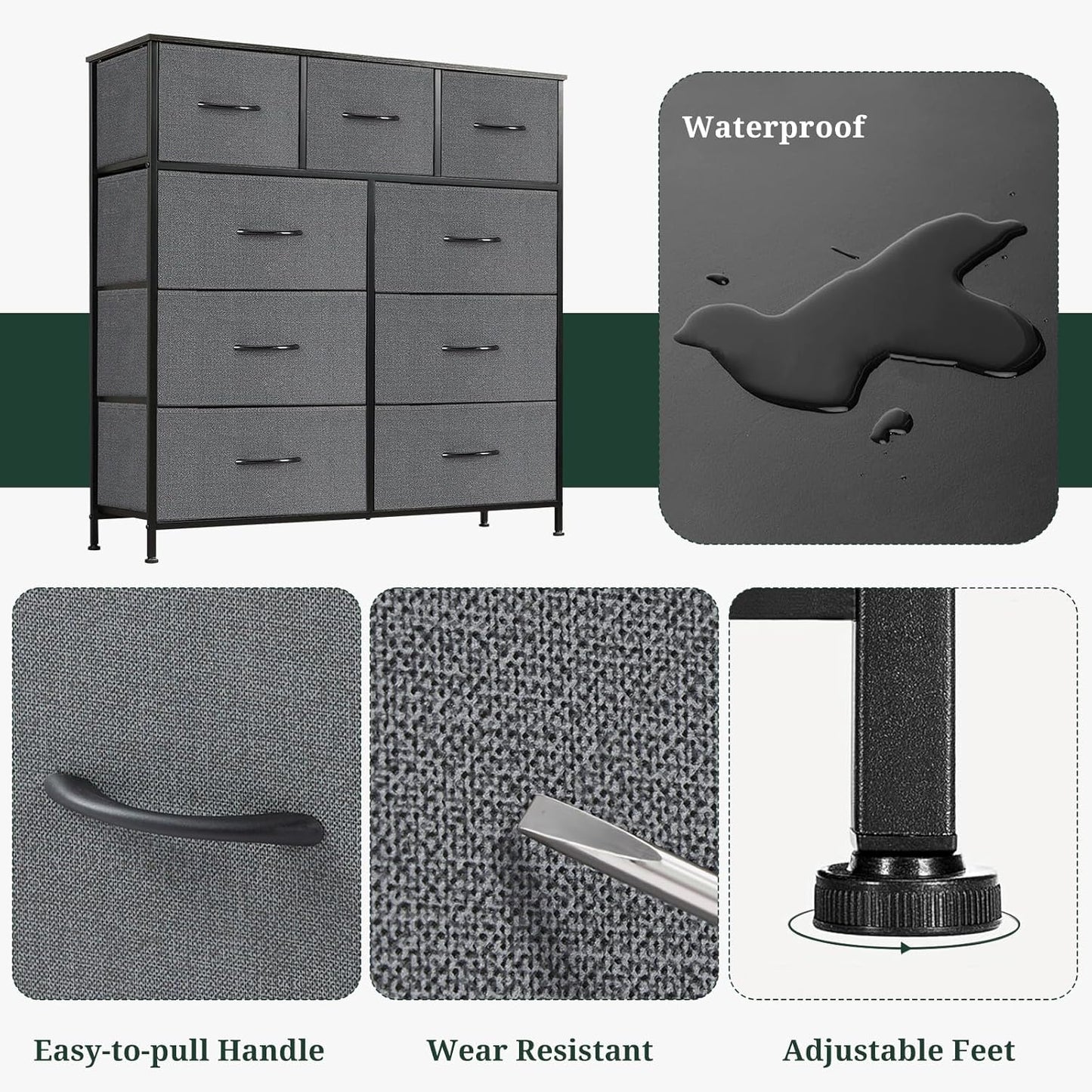 Regine Switzerland 9-Drawer Dresser - Anti-Tip Tall Storage Organizer with Wooden Top & Metal Frame | Gray