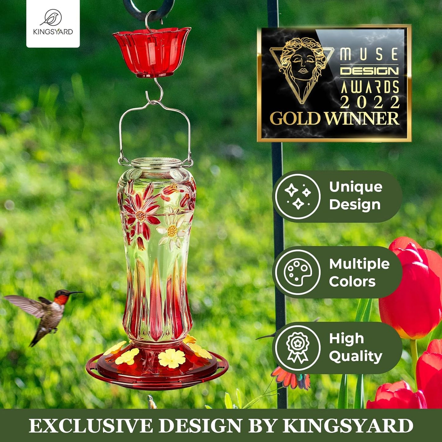 Kingsyard Hummingbird Feeder - 25 oz Leak-Proof Design with Ant Moat & 6 Bee-Proof Ports | Red