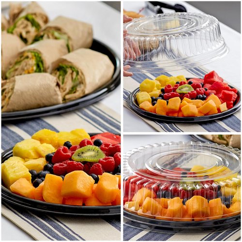 12" Catering Trays With Lids [3 Pack] - Black Serving Tray, Clear Lid, Plastic Disposable Round Party Platters, Flan Containers, Dessert Sandwich Cookie Food Trays for Parties