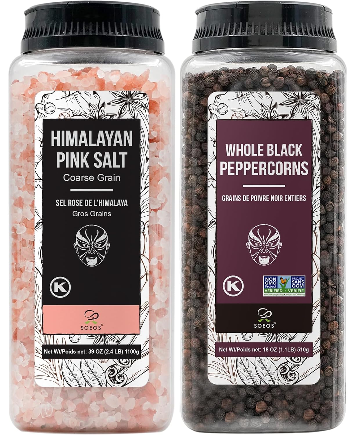 Soeos Himalayan Pink Salt & Whole Black Peppercorns Set - Coarse Grain, Non-GMO, Kosher | 39 oz & 18 oz
