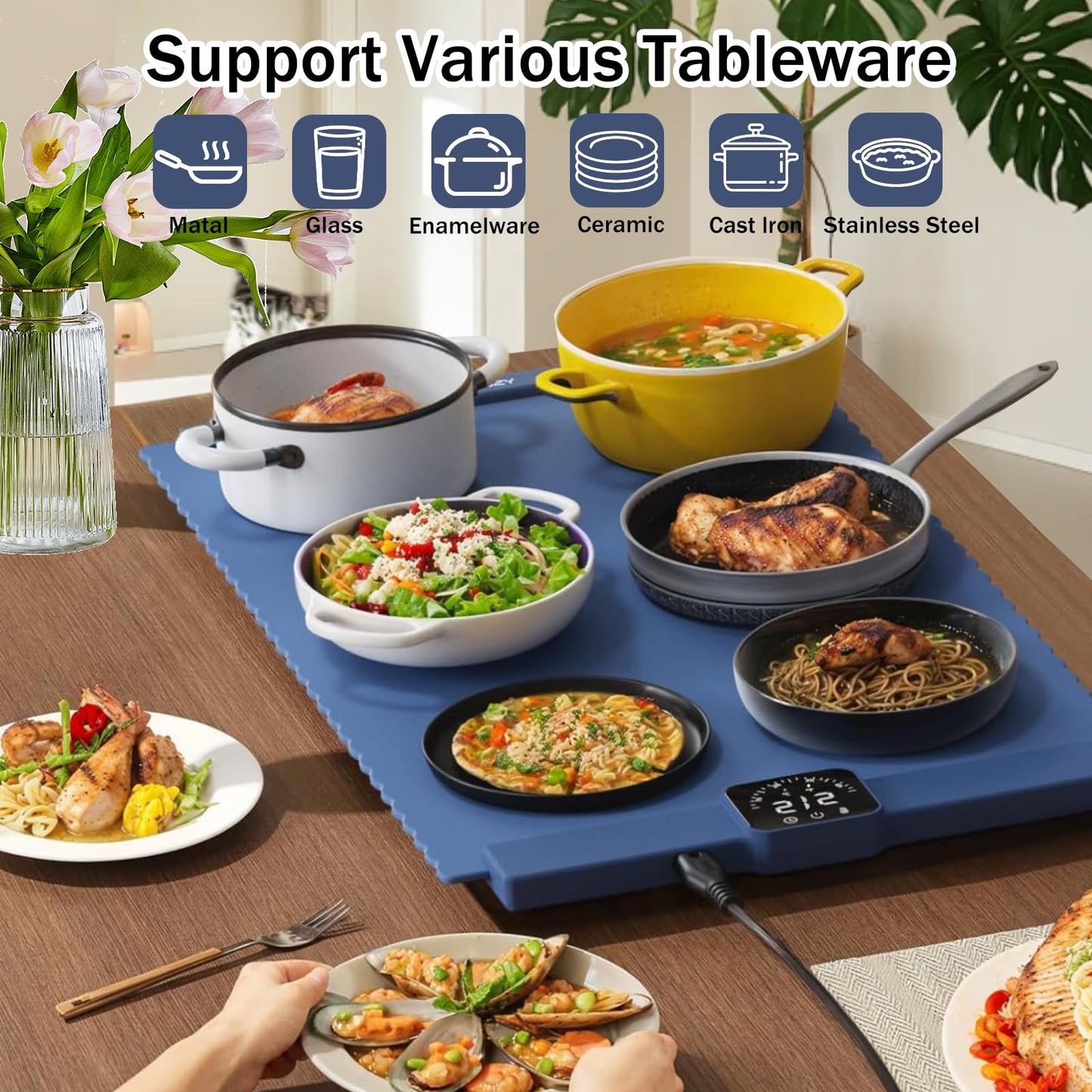 Warming Mat for Food, Electric Warming Tray with 5 Temp-Settings & 2 Hours Timer, Foldable Electric Warming Tray–Roll Up Food Warmers or Thawing