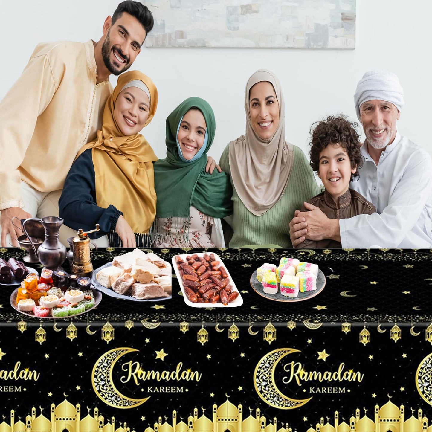 Qpout 3 Pack Ramadan Decorations Ramadan Table Cloth, Black and Gold Ramadan Kareem Table Cover, 54×108 Inch Ramadan Tablecloth, Ramadan Mubarak Table Decorations Eid Decorations, Plastic Disposable