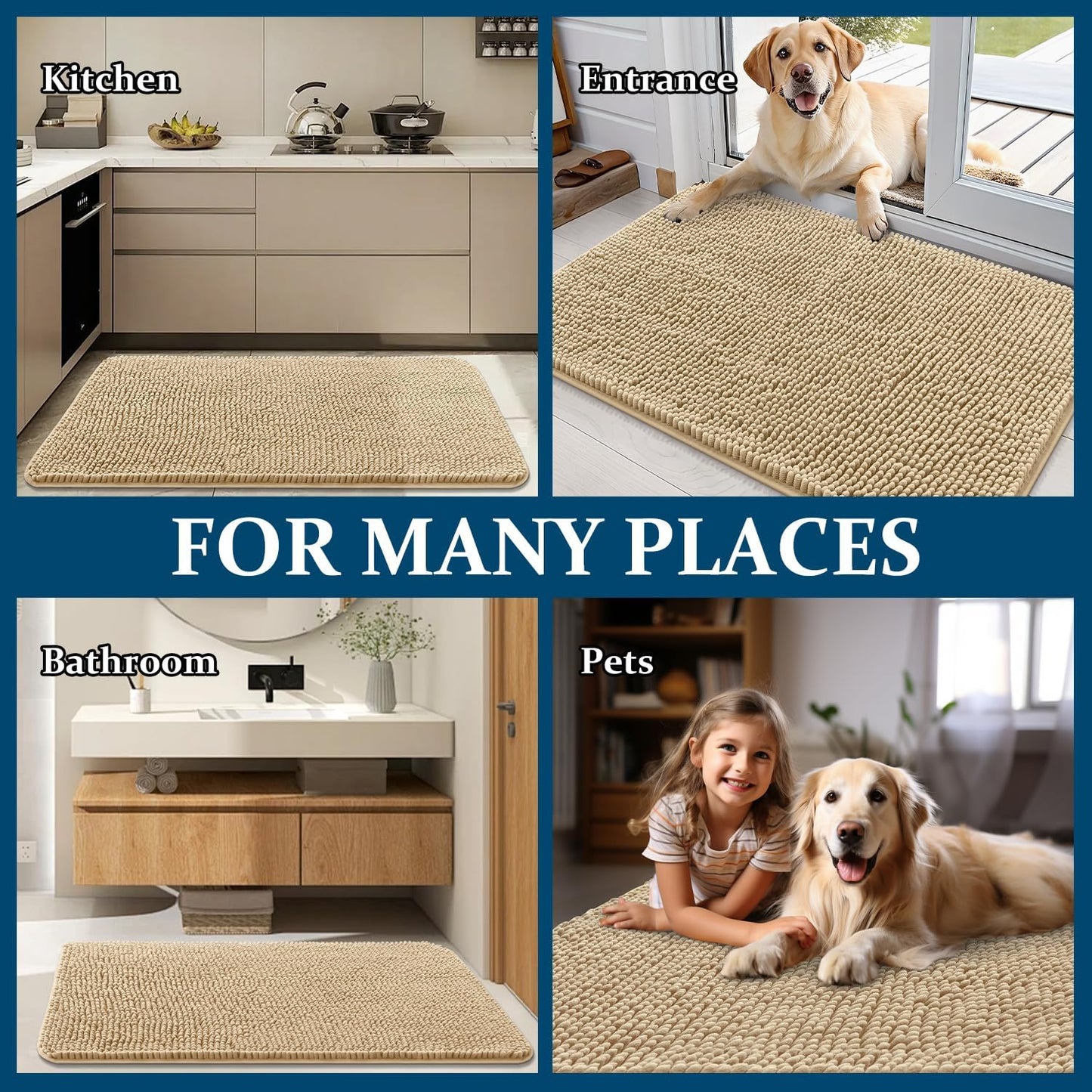 OLANLY Dog Door Mat - Absorbent Non-Slip Chenille Mat for Muddy Paws | 70x35, Quick Dry, Beige