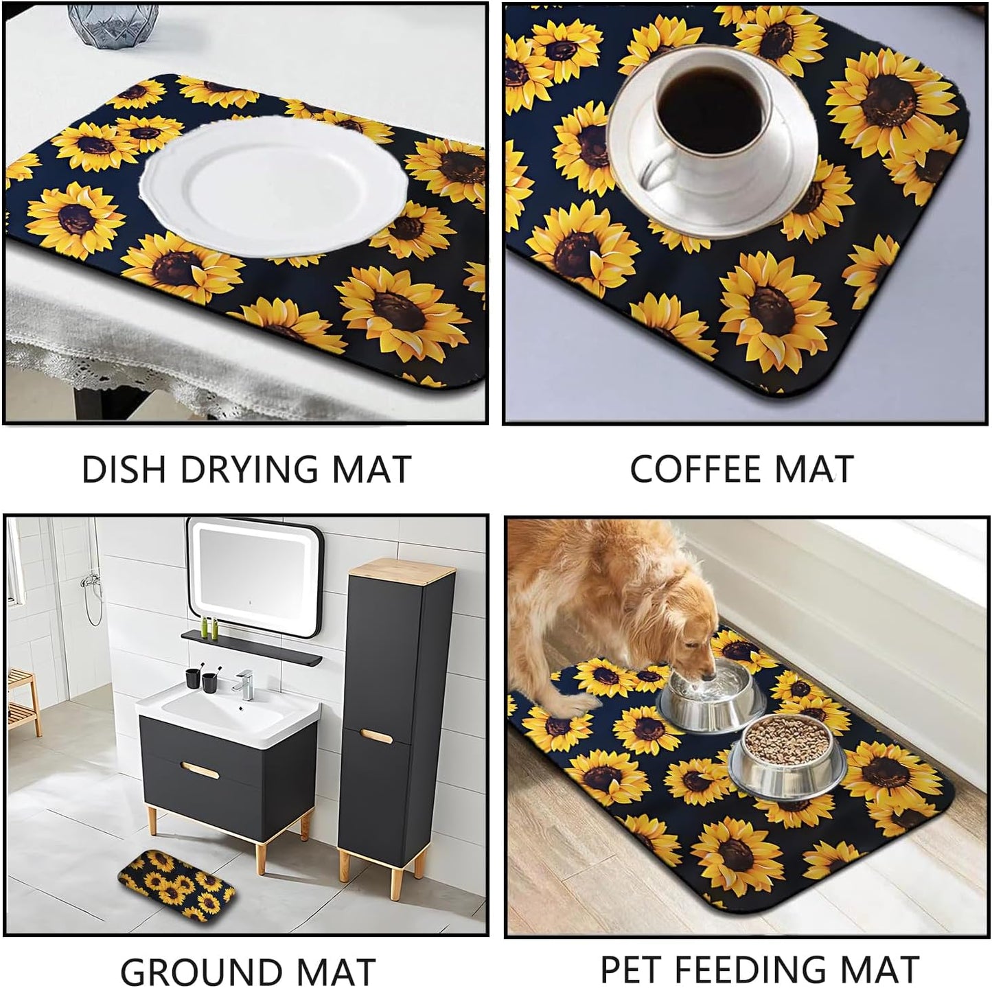 Skiennix Foldable Dish Drying Mat - Absorbent Multi-Purpose Sink Pad | Easy to Clean, Sunflower Design (12x16 Inches)