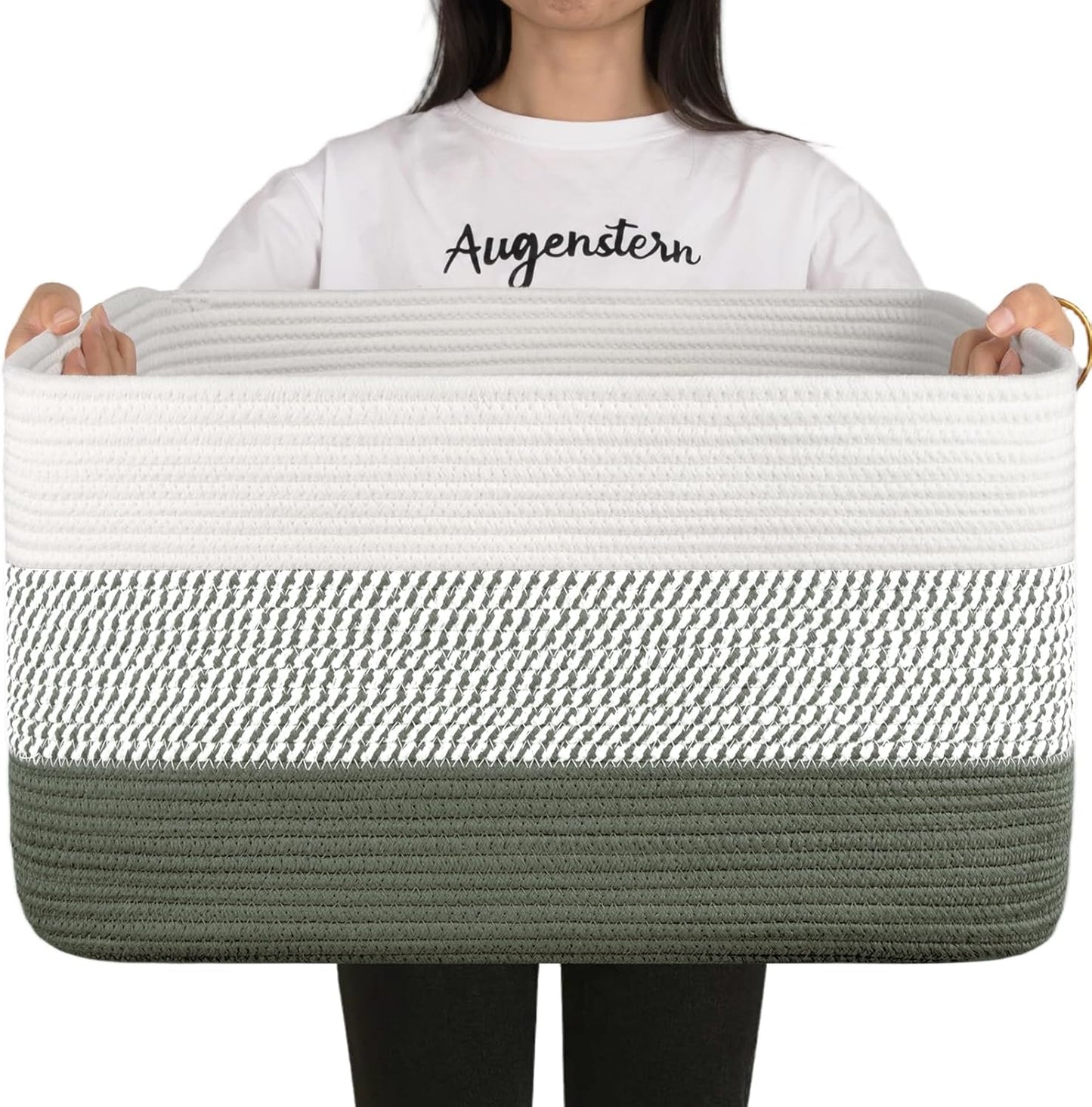 OIAHOMY Large Woven Blanket Basket - Stylish Nursery & Living Room Storage | 22”x17”x12” | Green/White